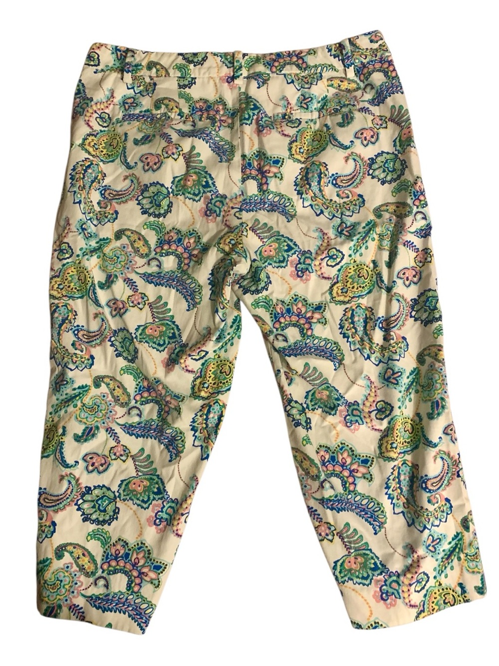 Woman’s size 8 Talbots Cream Paisley Capri Pants with Green & Blue Accents